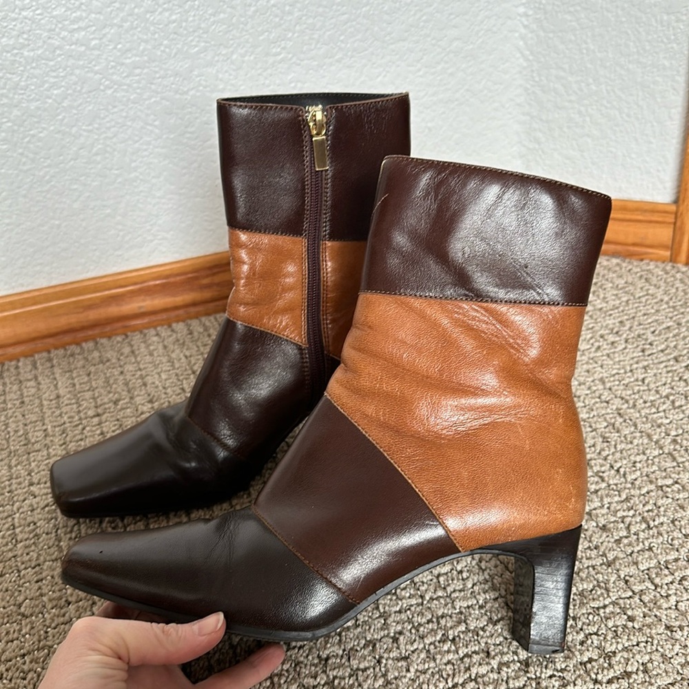 Vintage genuine leather patchwork square toe heeled boots!